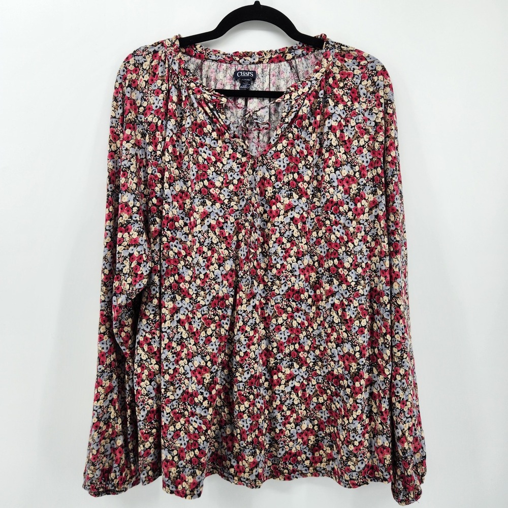 Chaps Womens Floral Print Long Sleeve V Neck‎ Blouse Top XXL Cottagecore Boho